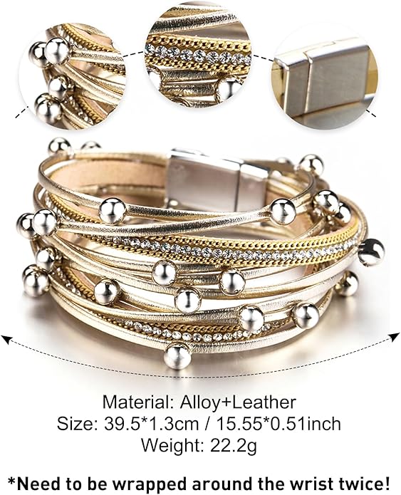 Fesciory Leather Wrap Bracelets for Women, Boho Leopard Multi-Layer Crystal Beads Cuff Bracelet Jewelry