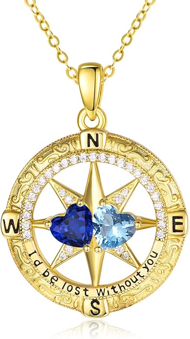 Zeuslia Double Birthstone Necklace Gifts for Wife - 925 Sterling Silver Sunflower/Rose/Crown Cross/Compass/Heart Pendant I Love You Necklace, Anniversary Birthday Gifts for Wife Girlfriend Mom Her