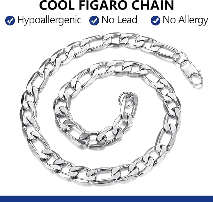 PROSTEEL 316L Stainless Steel Figaro Cuban Chain Necklace for Men, Black/18K Real Gold Plated, 4/5/6/7.5/9/10/13mm, 14inch-30inch, Come with Box