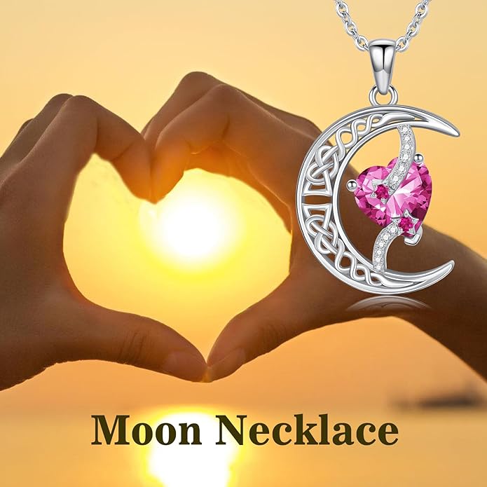 TOUPOP Moon and Star Birthstone Necklace for Women 925 Sterling Silver Celtic Moon Jewelry Birthday Christmas Gifts for Her Girlfriend