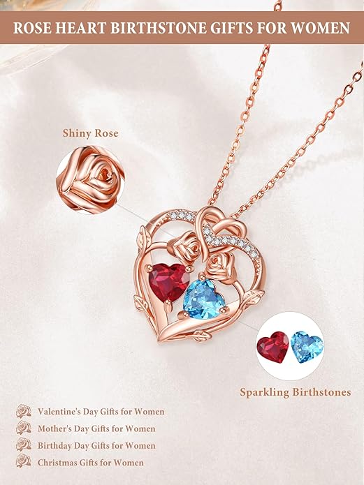 Rose Gold Necklaces for Women Double Birthstone Rose Flower Heart Pendant Necklace Jewelry Anniversary Christmas Valentine's Mother's Day Birthday Gift for Wife Mom Her Girlfriend Sister