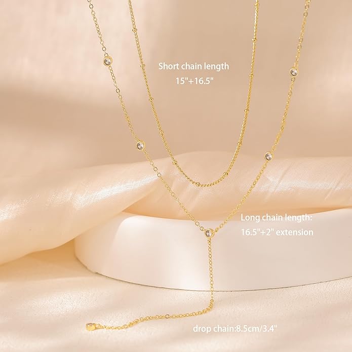 Gold Necklace for Women, Dainty Gold Long Necklaces 14k Gold Plated Prom Bar CZ Lariat Necklace Simple Choker Necklaces for Women Trendy Boho Fashion Costume Jewelry Womens