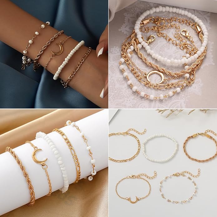IFNODO 28pcs Gold Chain Bracelets Set for Women 14K Gold Plated Multiple Layered Bangle Adjustable Link Bracelet Anklet Fashion Accessories Jewelry Gift