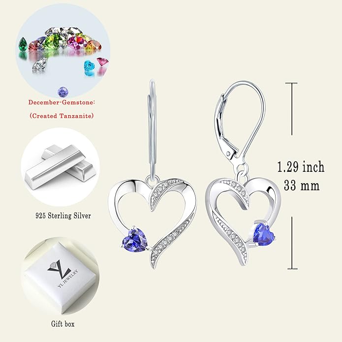 YL Heart Dangle Earrings 925 Sterling Silver Drop Earrings Birthstone Leverback Jewelry for Women