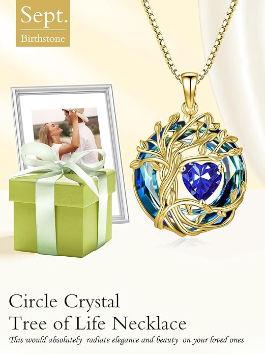TOUPOP Christmas Gifts Tree of Life Birthstone Necklace 925 Sterling Silver Pendant Austrian Crystal Jewelry Anniversary Birthday Gifts for Women Mom Her Wife