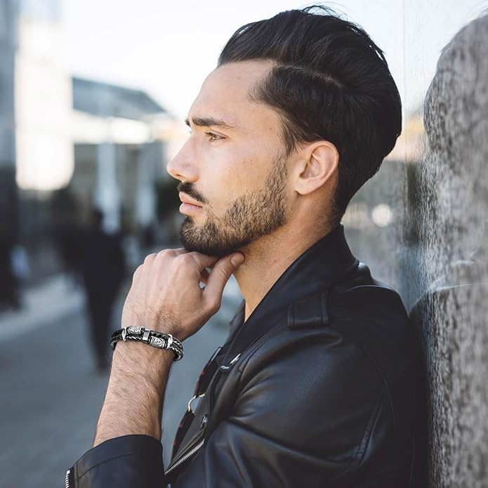 Viking Leather Bracelet For Men Balck Cool Handmade Stackable Jewelry, Faith and Courage Bangle Bracelets