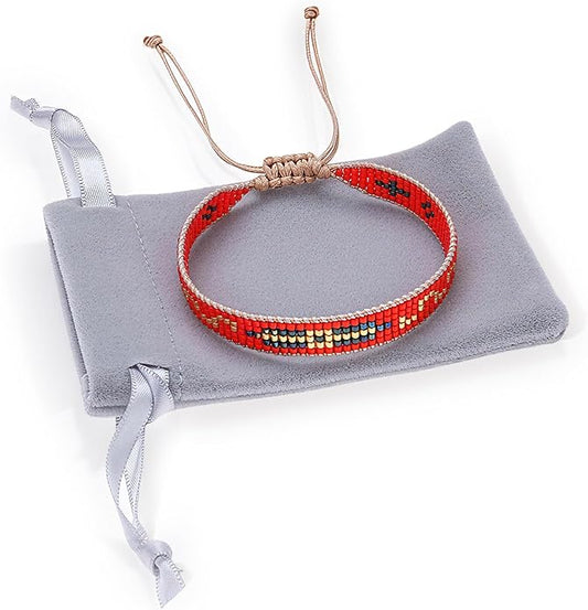 Handmade Beaded Bracelet – Adjustable Boho Friendship Wristband – Tribal Artisan Style in Red, White, and Multicolor Designs – 3 Unique Patterns