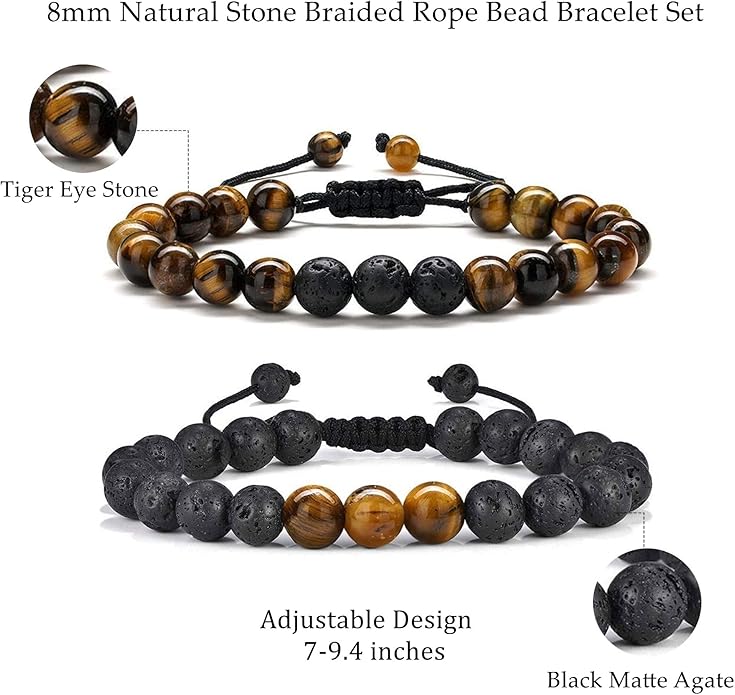 M MOOHAM Natural Stone Bracelets for Men - 8mm Tiger Eye, Matte Agate, Lava Rock - Teen Boys Gifts for Birthday, Anniversary, Christmas
