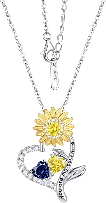 PERJI Valentine's Day Gifts for Women - 925 Sterling Silver Double Birthstone Sunflower Necklace, Anniversary Birthday Jewelry You are My Sunshine Gifts for Wife Couple Girlfriend 18"+2" Non Tarnish