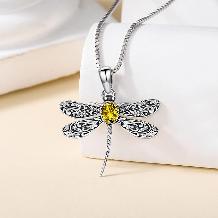 Vintage Dragonfly Necklace for Women 925 Sterling Silver, Oval Birthstone Dragonfly Pendant Boho Jewelry Birthday Gift for Her, Mom, Grandma