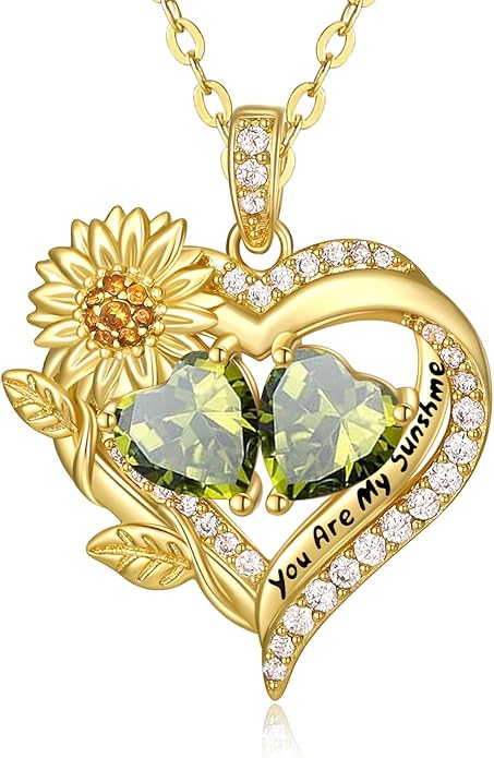 Sunflower Heart Necklace for Women 14K Gold Exquisite Anniversary Birthday Gifts for Wife Mother Her Double Birthstone Pendant jewelry‘You Are My Sunshine’