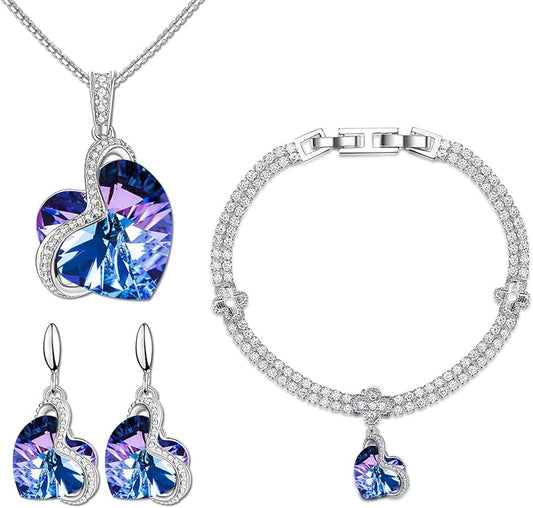 Blissful Heart Crystal Jewelry Sets For Women 18K White Gold Plated Bracelet Necklace and Earrings Sets for Wife Girlfriend or Mothers Idea Gift for Special Women in Life