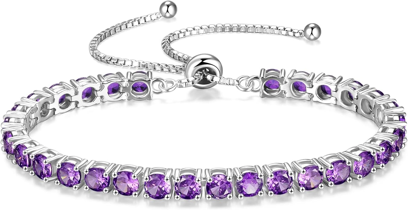 FANCIME Birthstone Bracelet Jewelry for Women Sterling Silver Tennis Bracelet Classic Bolo Adjustable Chain Fine Jewelry Anniversary Birthday Gifts for Women Mom Wife Her