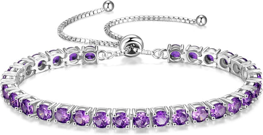 FANCIME Birthstone Bracelet Jewelry for Women Sterling Silver Tennis Bracelet Classic Bolo Adjustable Chain Fine Jewelry Anniversary Birthday Gifts for Women Mom Wife Her