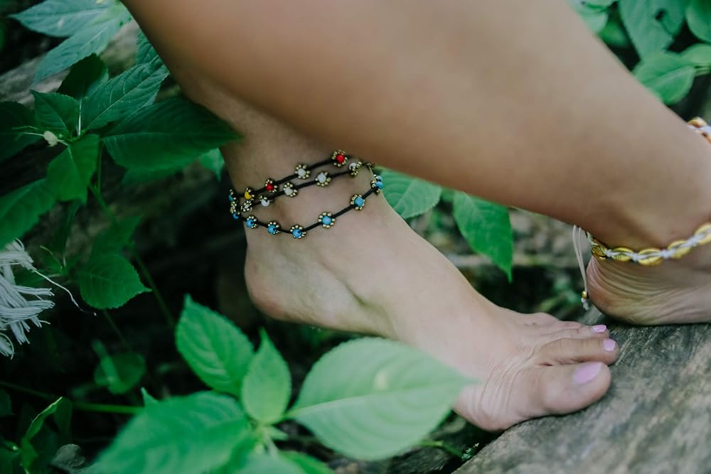Made by Nami Boho Surfer Anklet Waterproof & Adjustable Beaded Anklets for Women Beachy Ankle Bracelet Made from Waxed Cotton Rope and Beads for Summer and Hippie Style (White Beads)