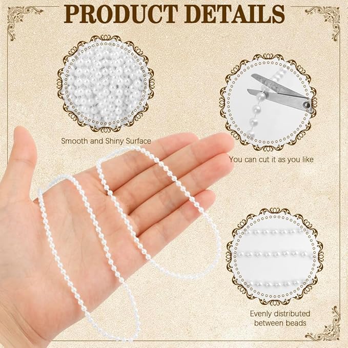 Pearl Beads Garland, 3mm String of Pearls, 164FT Pearl Garland for Christmas Tree, Christmas Faux Pearls Strand Roll for DIY Craft Xmas Wedding Party Supplies Flowers Decoration