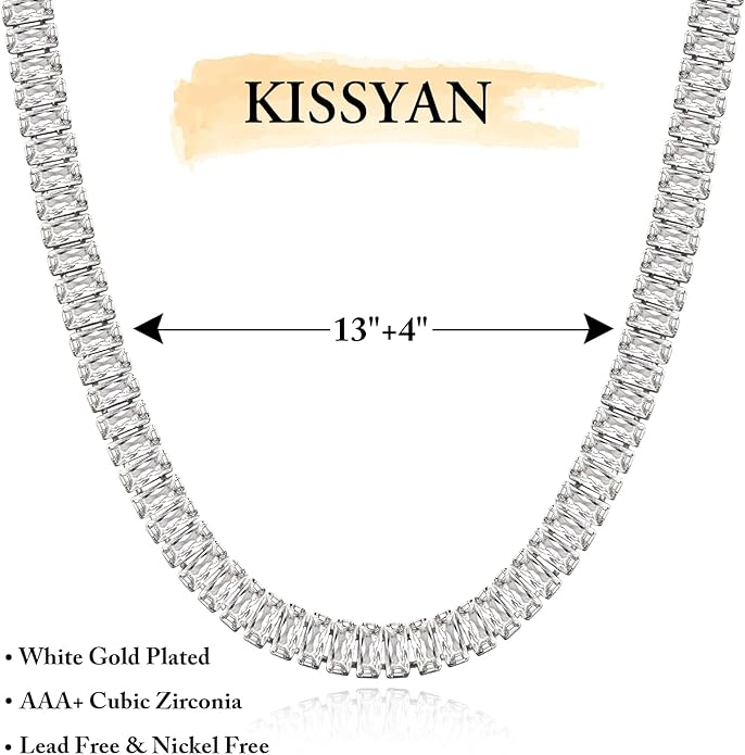 KissYan Diamond Tennis Necklace for Women, 14K/White Gold Plated Cubic Zirconia Baguette Tennis Chain Chunky Paperclip Link Cuban Choker Necklace Dainty Jewelry Gifts