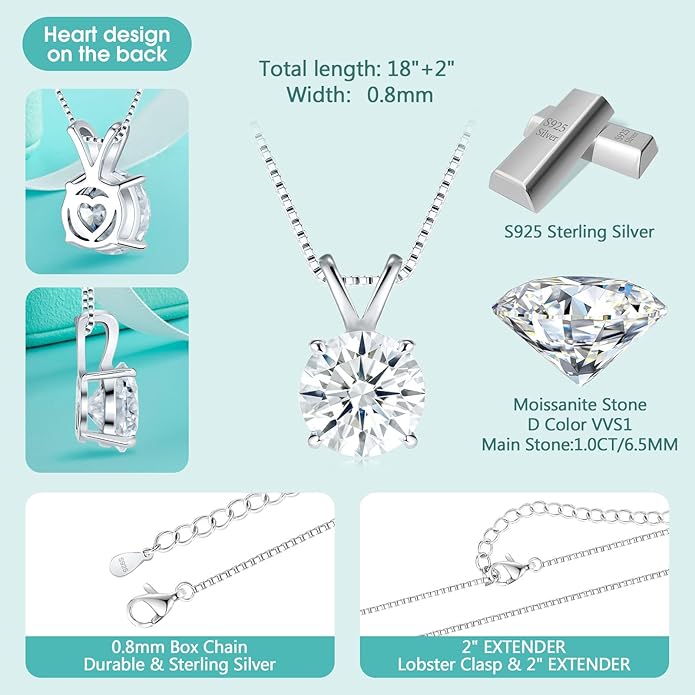 Moissanite Solitaire Necklace for Women, 1-3 Carat Lab Grown Diamond Pendant Jewelry D Color VVS1, S925 Sterling Silver with Gold Plating, 18+2” Silver Chain, Heart Engraving Gift for Wife Girlfriend Mom Yourself on Anniversary Birthday Wedding