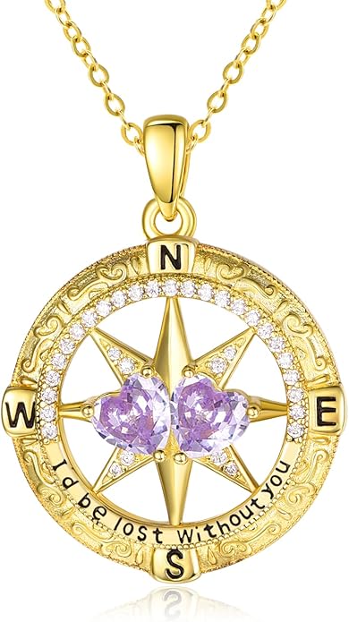 Zeuslia Double Birthstone Necklace Gifts for Wife - 925 Sterling Silver Sunflower/Rose/Crown Cross/Compass/Heart Pendant I Love You Necklace, Anniversary Birthday Gifts for Wife Girlfriend Mom Her