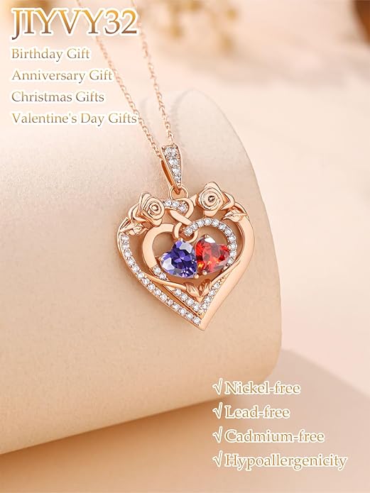 JIYVY32 Rose Heart Necklace for Women Exquisite 925 Sterling Silver Anniversary Birthday Gifts for Wife Mom Her Double Birthstone Pendant Jewelry