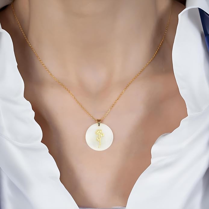 ONTHOLOGIE Birth Month Flower Necklace on Natural Mother of Pearl, 925K Sterling Silver Pendant Birth Flower Necklace, Personalized Birth Month Jewelry, Meaningful Gift for Women