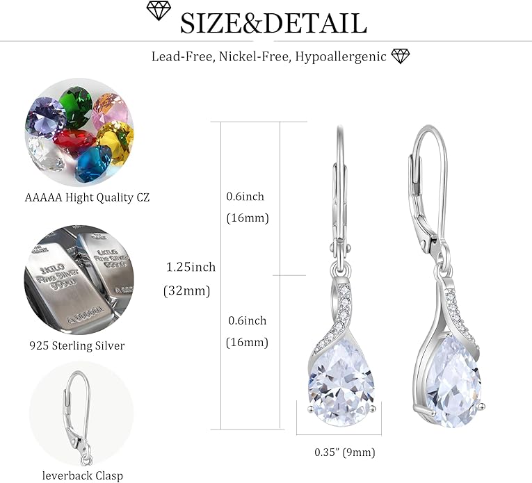 April Birthstone Earrings and Necklace Set 925 Sterling Silver Hypoallergenic Jewelry Set for Women Her