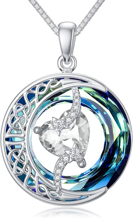 TOUPOP Christmas Gifts Birthstone Necklace 925 Sterling Silver Moon and Star Pendant with Blue Crystal Celtic Moon Jewelry Birthday Gifts for Women Mom Wife Her Daughter