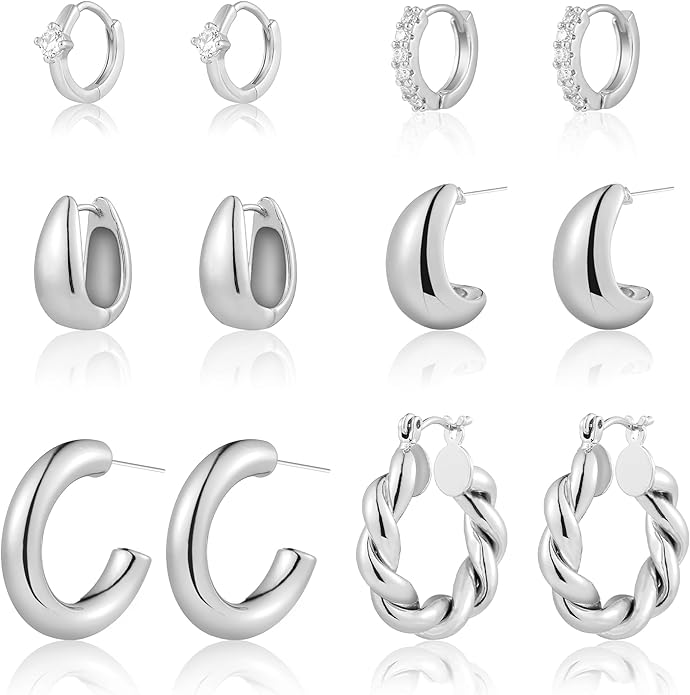 6 Pairs Gold Hoop Earrings for Women, 14K Gold Plated Huggie Hoop Earrings Set Hypoallergenic Lightweight Chunky Open Hoops Jewelry for Gift