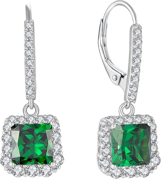 Square Dangle Drop Earrings Sterling Silver Halo Leverback Earrings Birthstone Jewelry for Women