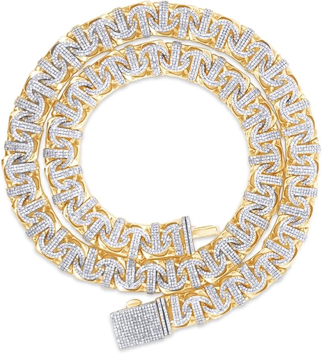 SAVEARTH DIAMONDS 8.50Ct-10.50Ct Lab Created Moissanite Diamond 10MM Width Chino Miami Cuban Link Chain Necklace For Men In 14k Gold Over Sterling Silver, 18" to 22" Length, Color: G-H,Clarity: VVS1