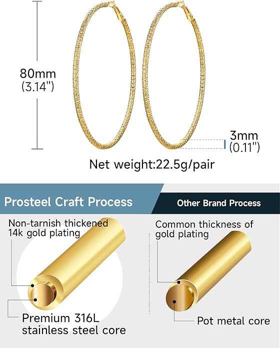 PROSTEEL 30/40/60/80/100mm Chunky Hoop Earrings For Women Gold Plated/Black Stainless Steel Hoops Earrings Statement Jewelry