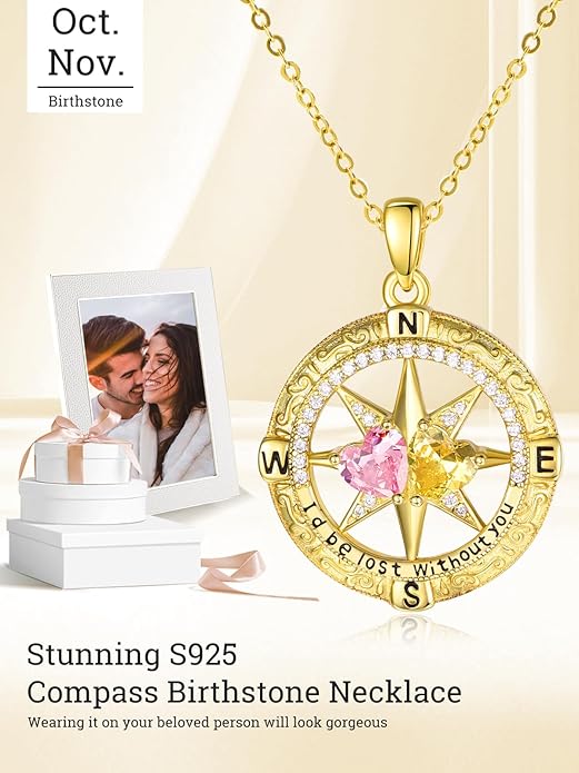 Zeuslia Double Birthstone Necklace Gifts for Wife - 925 Sterling Silver Sunflower/Rose/Crown Cross/Compass/Heart Pendant I Love You Necklace, Anniversary Birthday Gifts for Wife Girlfriend Mom Her