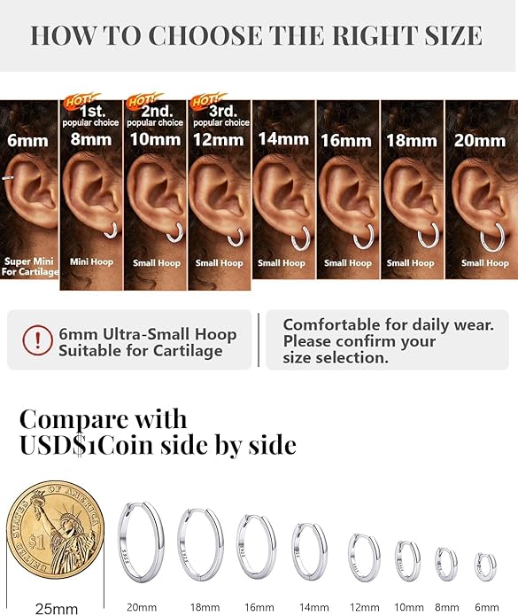 Silvora 925 Sterling Silver Small Hoop Earrings for Women Huggie Earrings Hypoallergenic Cartilage Earrings Tiny Hoops 6mm/8mm/10mm/12mm/14mm/16mm/18mm/20mm