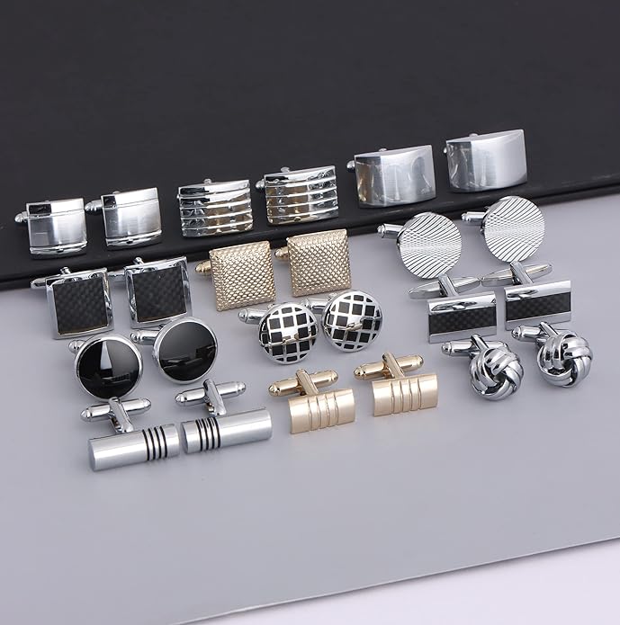 FIRAZIO 12 Pairs Cufflinks for Men Classic Tone Cuff Links Silver Black Striped Disc Square Rectangle Cuff Links Shirt Suit Men’s Cufflinks For Wedding Groom Business Elegant Gift