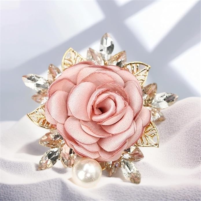 Rose Brooch for Women,Dainty Satin Fabric Flower Lapel Pins Vintage Elegant Pearl Brooches Handmade Crystal Pearl Pins Silk Camellia Safety Collar Pin Dress Suit Accessories Wedding Bridal Bouquet Jewelry