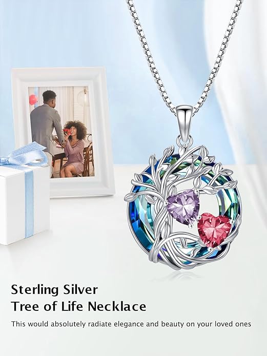 TOUPOP s925 Sterling Silver Family Celtic Tree of Life Pendant Necklaces with 2 Heart Birthstone with Blue Austrian Crystal Jewelry Birthday Anniversary Christmas Gifts for Her Wife Girlfriend Mom (18K Real White Gold Filled)