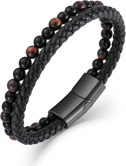 Mens Tiger Eye Matee Black Onyx Lava Rock Volcanic Stone Beaded Bracelet, Black Braided Leather Bracelet for Men