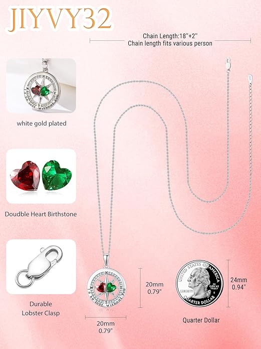 Compass Birthstones Necklace for Women, Exquisite Anniversary Birthday Gifts for Wife Her Double Birthstone Pendant jewelry ‘I'd be Lost Without You’