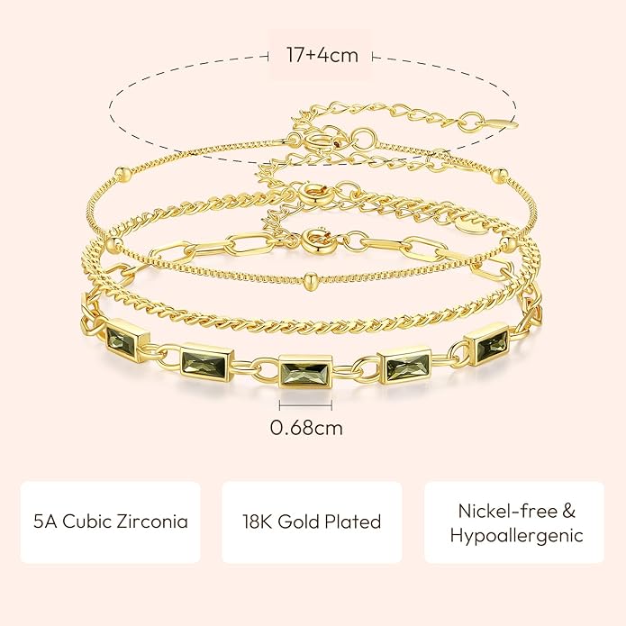Gold Birthstone Bracelet for Women, 18K Gold Plated Layered Jewelry Bracelet Set, Women Dainty Stackable Bracelets Link Paperclip Chain Valentines Day Gift for Women