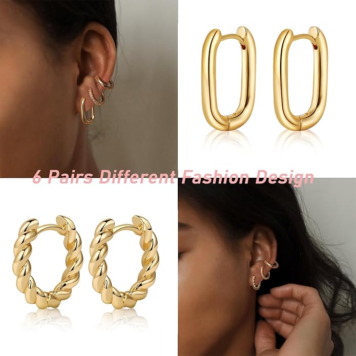 MIDEEO Gold/Sliver Chunky Hoop Earrings Set for Women, 14K Gold Plated Twisted Huggie Hoop Earring Hypoallergenic Thick Open Lightweight Chunky Hoop Earrings Jewelry for Gifts