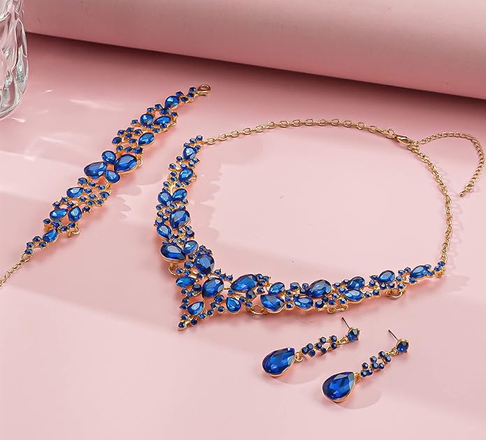 Paxuan Crystal Bridal Wedding Jewelry Sets for Women Rhinestone Teardrop Crystal Statement Choker Necklace Drop Earrings Link Bracelets Rings Teardrop Jewelry Set for Brides Bridesmaids