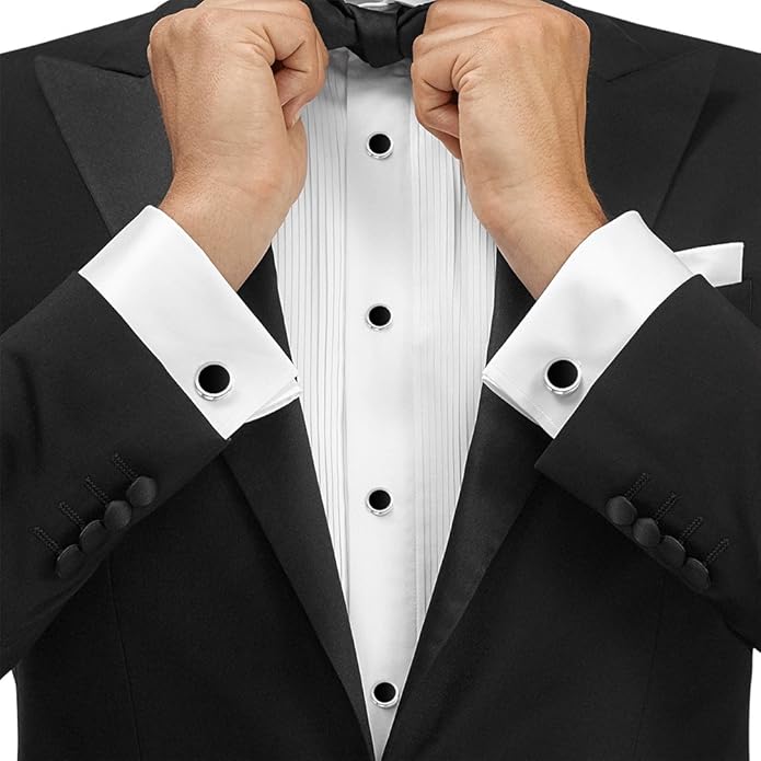 Men's Black Onyx Cufflink & Tuxedo Shirt Stud Set, 16mm Rhodium-Plated Brass, Elegant Gift Box