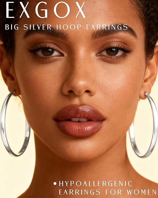 EXGOX 5mm Wide Gold Hoop Earrings for Women,Sterling Silver Hoop Earrings Large Silver Hoop Earrings Hypoallergenic Lightweight 14K Real Gold Plated Big Hoop Earrings for Women 30/40/50/60/70mm