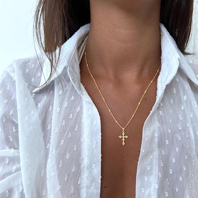 Cross Necklace for Women Dainty 14K Real Silver Gold Plated Layered Cross Pendant Necklace Stack Simple Trendy Cute Charm Choker Necklaces Jewelry Gift for Women Teen Her
