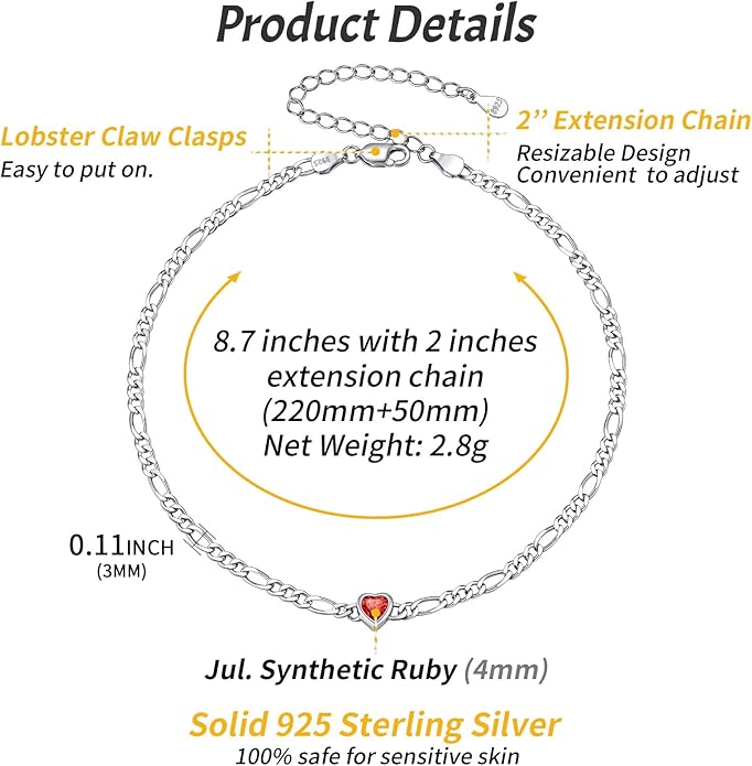 ChicSilver Sterling Silver Anklets Bracelets for Women, Figaro Chain Heart/Round Birthstone Anklet for Women Waterproof, Dainty Herringbone Ankle Bracelet Summer Beach jewelry