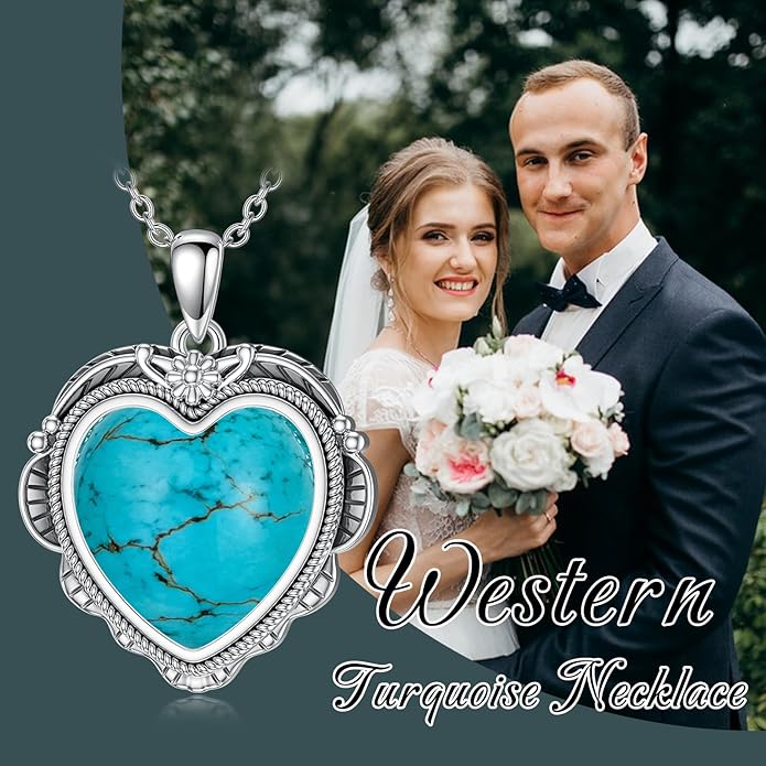Genuine Turquoise Heart Necklaces for Women 925 Sterling Silver Blue Green Turquoise Pendant Vintage Western Jewelry Gift for Mom Wife Her
