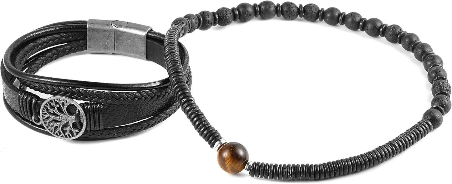 HZMAN Genuine Leather Tree of life Bracelets Men Women, Tiger Eye Natural Stone Lava Rock Beads Ethnic Tribal Elastic Bracelets Wristbands
