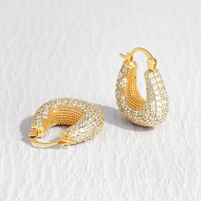 Gold Huggie Hoop Earrings 14K Gold Plated Dainty Chunky Thick Hoop Diamond Cubic Zriconia Inlay Sleeper Tiny Delicate Boho Beach Simple Hypoallergenic Jewelry Gift for Her