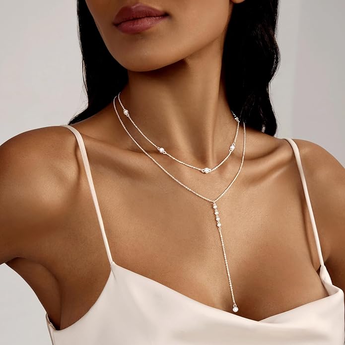Zeffy Lariat Gold Necklace for Women, Dainty Long Necklace 14k Gold/Silver Plated Layered CZ Beaded Bar Chain Y-Shaped Body Chain Stack Drop Wedding Necklace Trendy Simple Gold Jewelry Gifts
