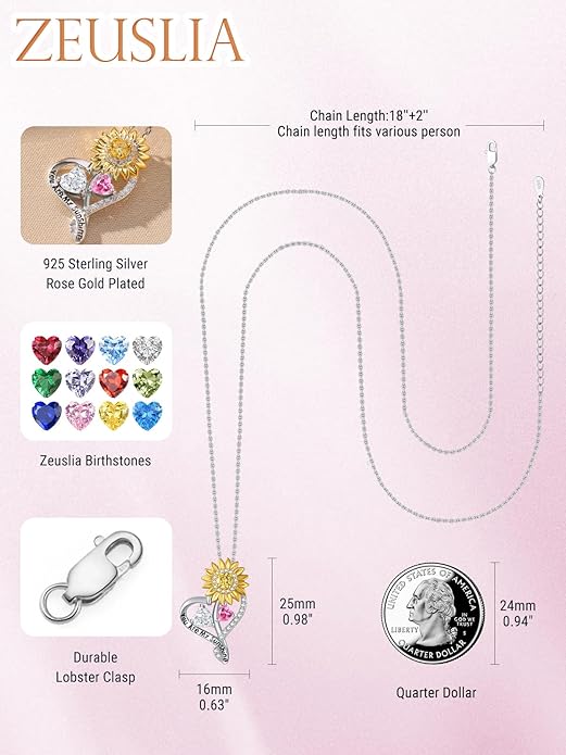 Zeuslia Double Birthstone Necklace Gifts for Wife - 925 Sterling Silver Sunflower/Rose/Crown Cross/Compass/Heart Pendant I Love You Necklace, Anniversary Birthday Gifts for Wife Girlfriend Mom Her